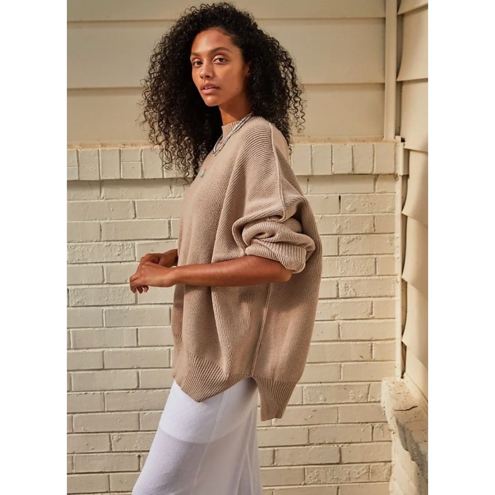 FREE PEOPLE‎ Easy Street Sweater Beige Ribbed Mock Neck Women's Size Small